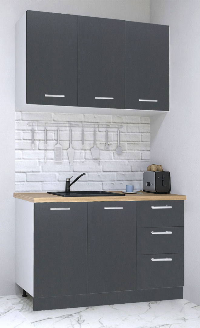 Mobilier de Bucătărie Set, Germania, PAL, blat gros, amortizare, 3 sertare, 120cm, Antracit