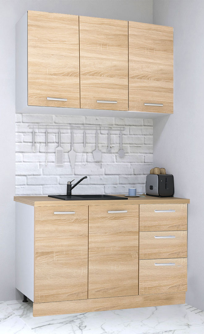 Mobilier de Bucătărie Set, Germania, PAL, blat gros, amortizare, 3 sertare, 120cm, Sonoma
