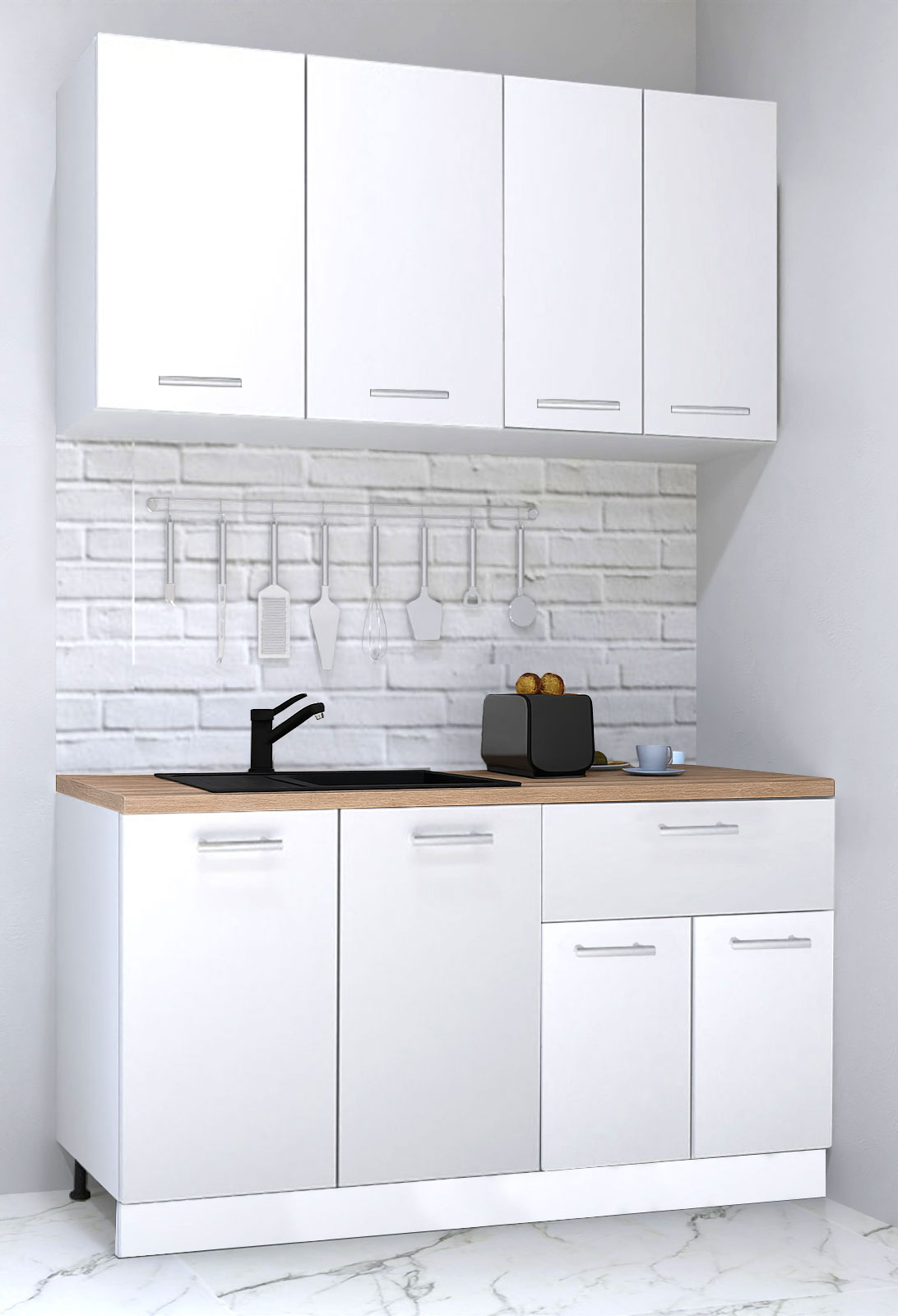 Mobilier de Bucătărie Set, Germania, PAL, blat gros, amortizare, corp cu sertar, 140cm, Alb