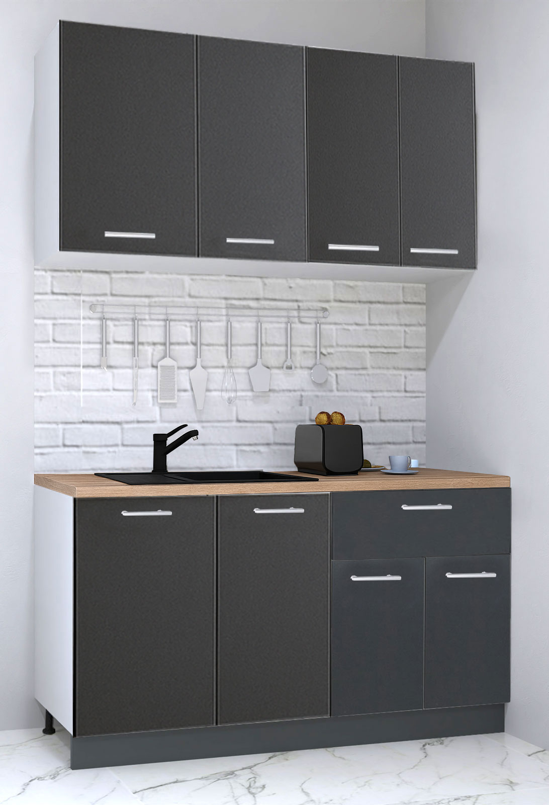 Mobilier de Bucătărie Set, Germania, PAL, blat gros, amortizare, corp cu sertar, 140cm, Antracit