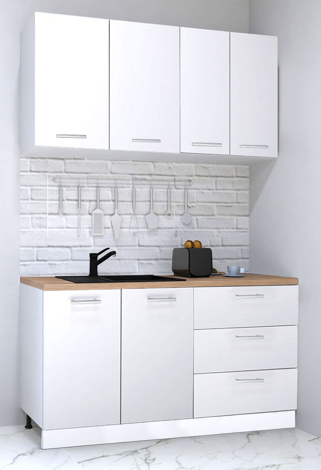 Mobilier de Bucătărie Set, Germania, PAL, blat gros, amortizare, corp cu sertare, 140cm, Alb