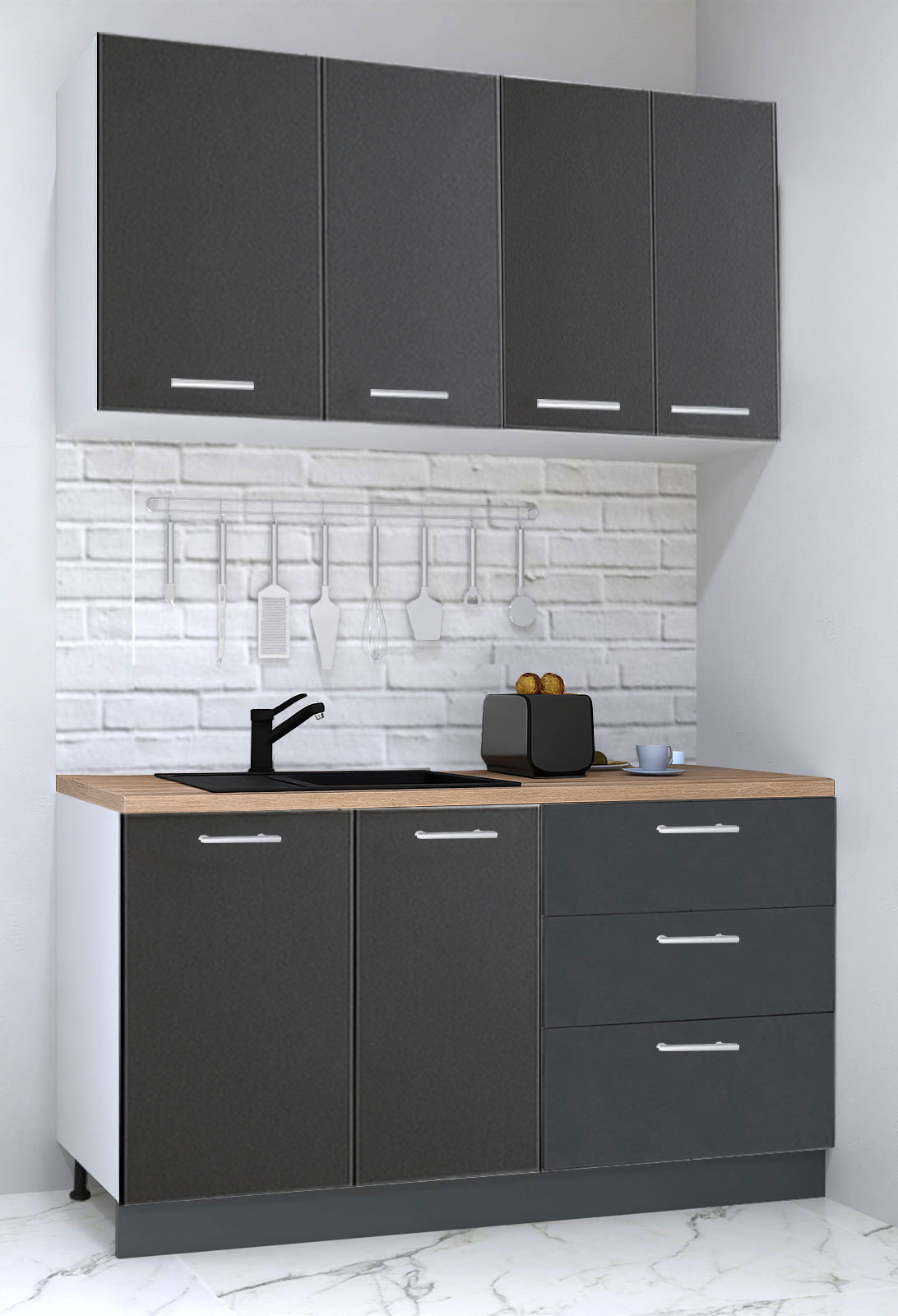 Mobilier de Bucătărie Set, Germania, PAL, blat gros, amortizare, corp cu sertare, 140cm, Antracit