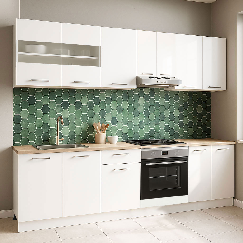 Mobilier de Bucătărie Set, Germania, PAL, blat gros, corp cuptor, amortizare, 240cm, Alb