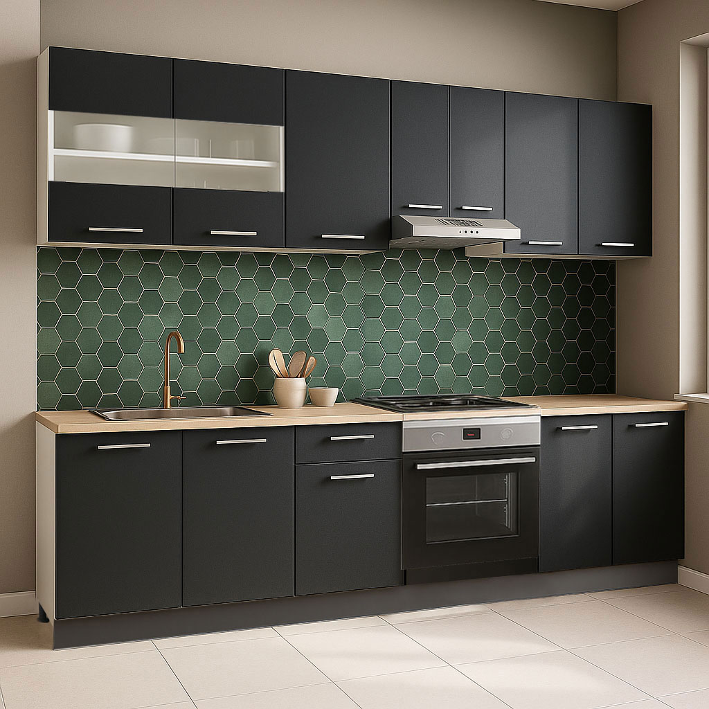 Mobilier de Bucătărie Set, Germania, PAL, blat gros, corp cuptor, amortizare, 240cm, Antracit