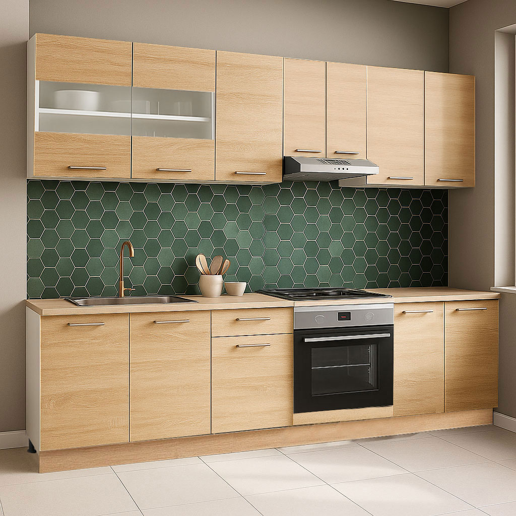 Mobilier de Bucătărie Set, Germania, PAL, blat gros, corp cuptor, amortizare, 240cm, Sonoma