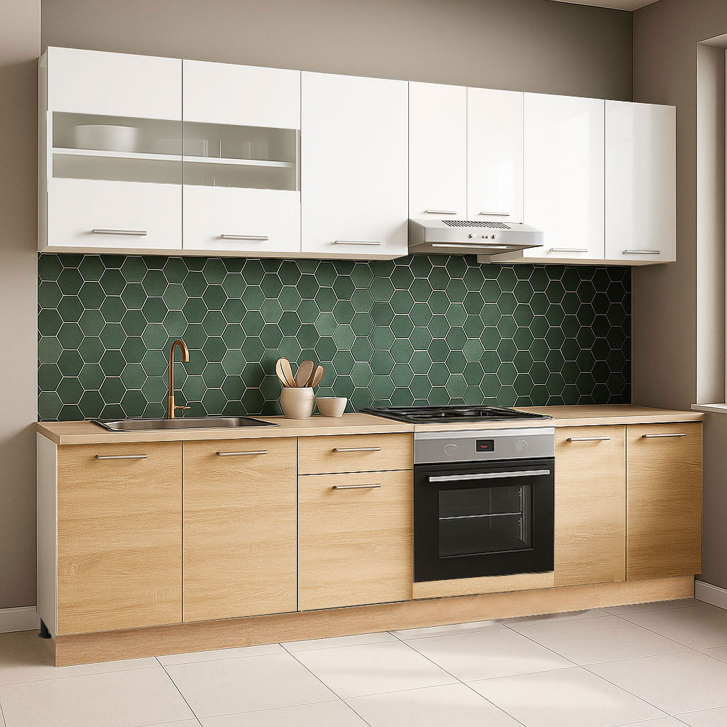 Mobilier de Bucătărie Set, Germania, PAL, blat gros, corp cuptor, amortizare, 240cm, Sonoma/Alb