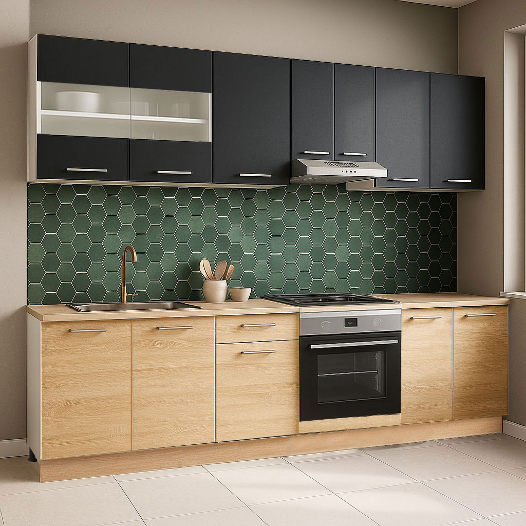 Mobilier de Bucătărie Set, Germania, PAL, blat gros, corp cuptor, amortizare, 240cm, Sonoma/Antracit