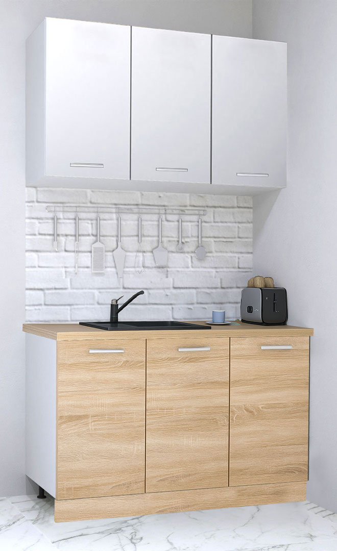 Mobilier de Bucătărie Set cu soft-close, Germania, corpuri inalte, blat gros, amortizare, 120cm, Sonoma/Alb