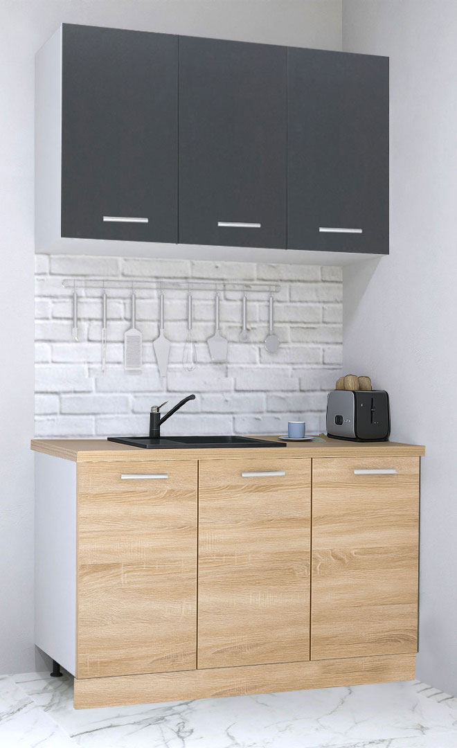 Mobilier de Bucătărie Set cu soft-close, Germania, corpuri inalte, blat gros, amortizare, 120cm, Sonoma/Antracit