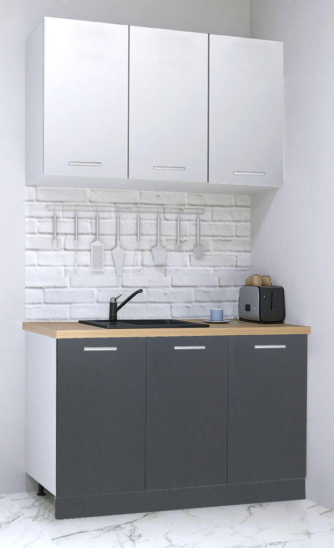 Mobilier de Bucătărie Set cu soft-close, Germania, corpuri inalte, blat gros, amortizare, 120cm, Antracit/Alb