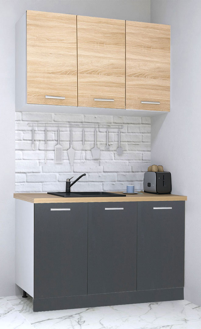 Mobilier de Bucătărie Set cu soft-close, Germania, corpuri inalte, blat gros, amortizare, 120cm, Antracit/Sonoma