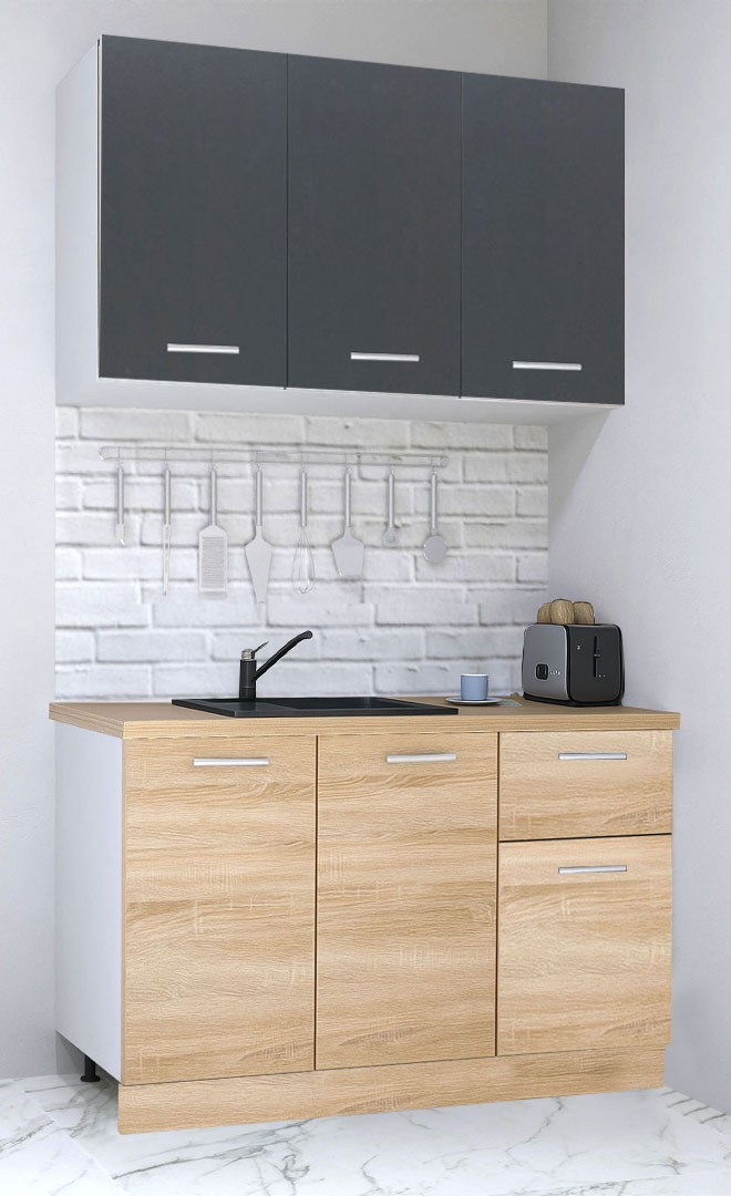 Mobilier de Bucătărie Set cu soft-close, Germania, corpuri inalte, blat gros, 120cm, 1 sertar, Sonoma/Antracit