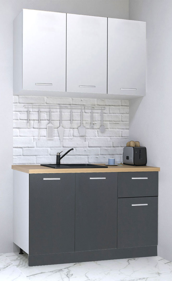 Mobilier de Bucătărie Set cu soft-close, Germania, corpuri inalte, blat gros, 120cm, 1 sertar, Antracit/Alb