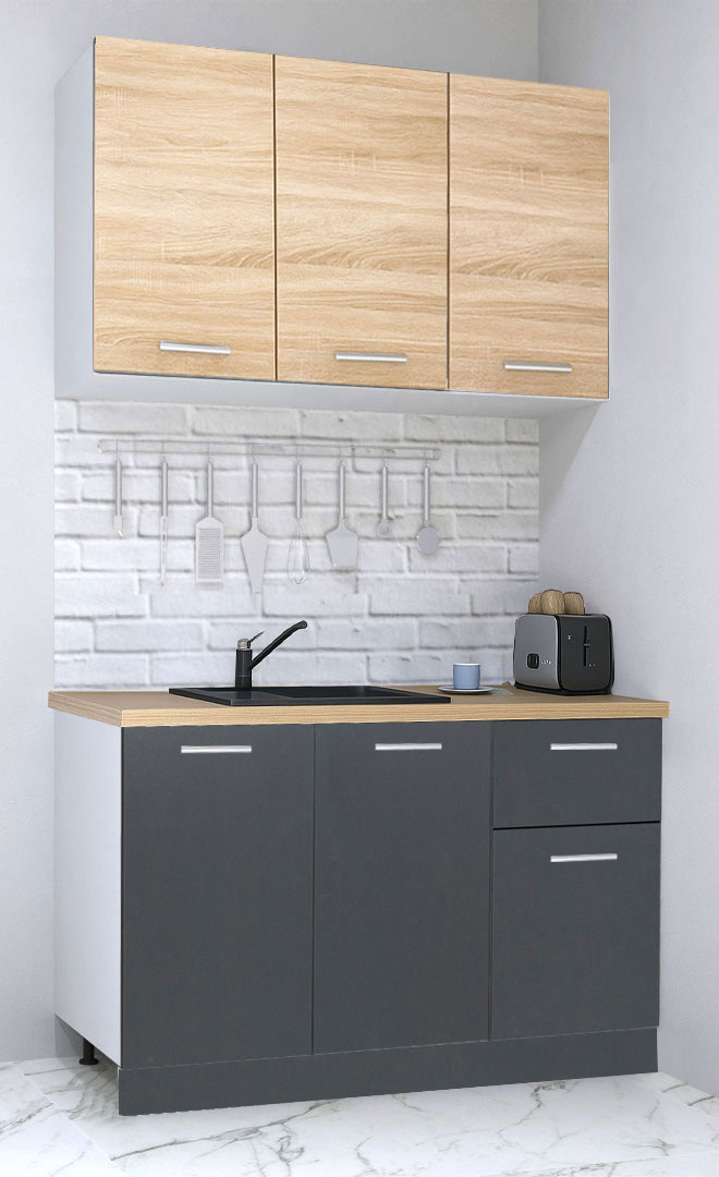 Mobilier de Bucătărie Set cu soft-close, Germania, corpuri inalte, blat gros, 120cm, 1 sertar, Antracit/Sonoma