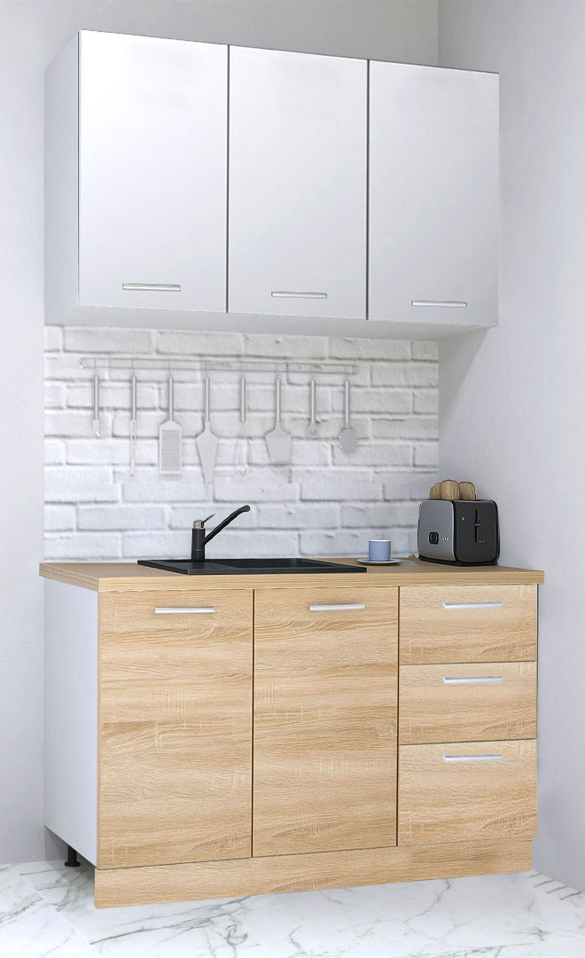 Mobilier de Bucătărie Set cu soft-close, Germania, corpuri inalte, blat gros, 120cm, 3 sertare, Sonoma/Alb