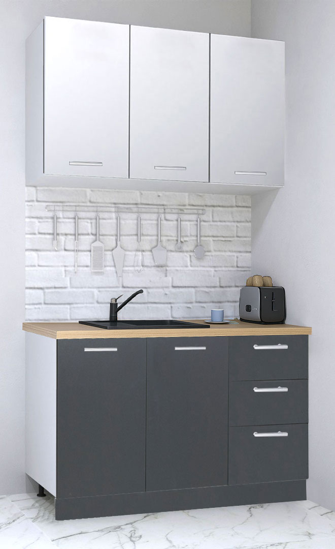 Mobilier de Bucătărie Set cu soft-close, Germania, corpuri inalte, blat gros, 120cm, 3 sertare, Antracit/Alb