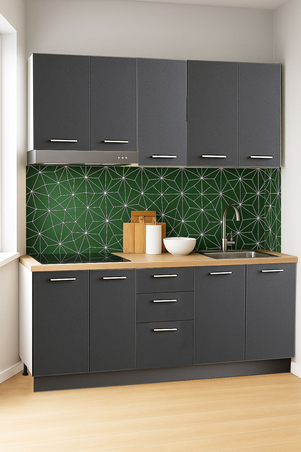 Mobilier de Bucătărie Set cu soft-close, Germania, corpuri inalte, blat gros, 160cm, Antracit