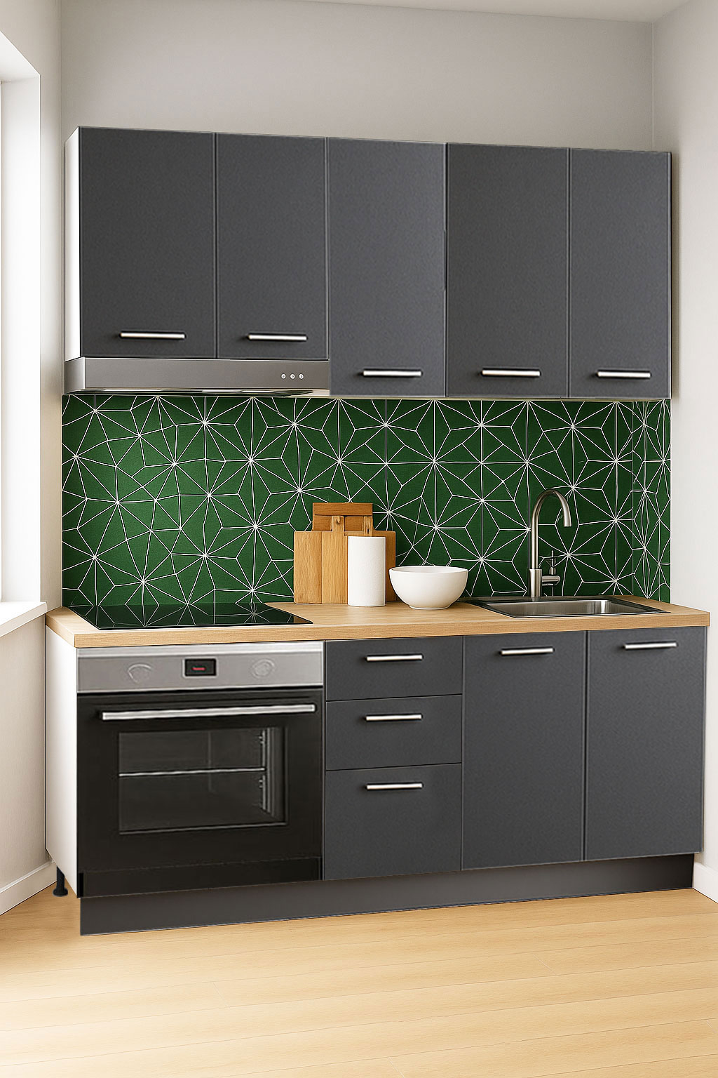 Mobilier de Bucătărie Set cu soft-close, Germania, corpuri inalte, blat gros, corp cuptor, 160cm, Antracit