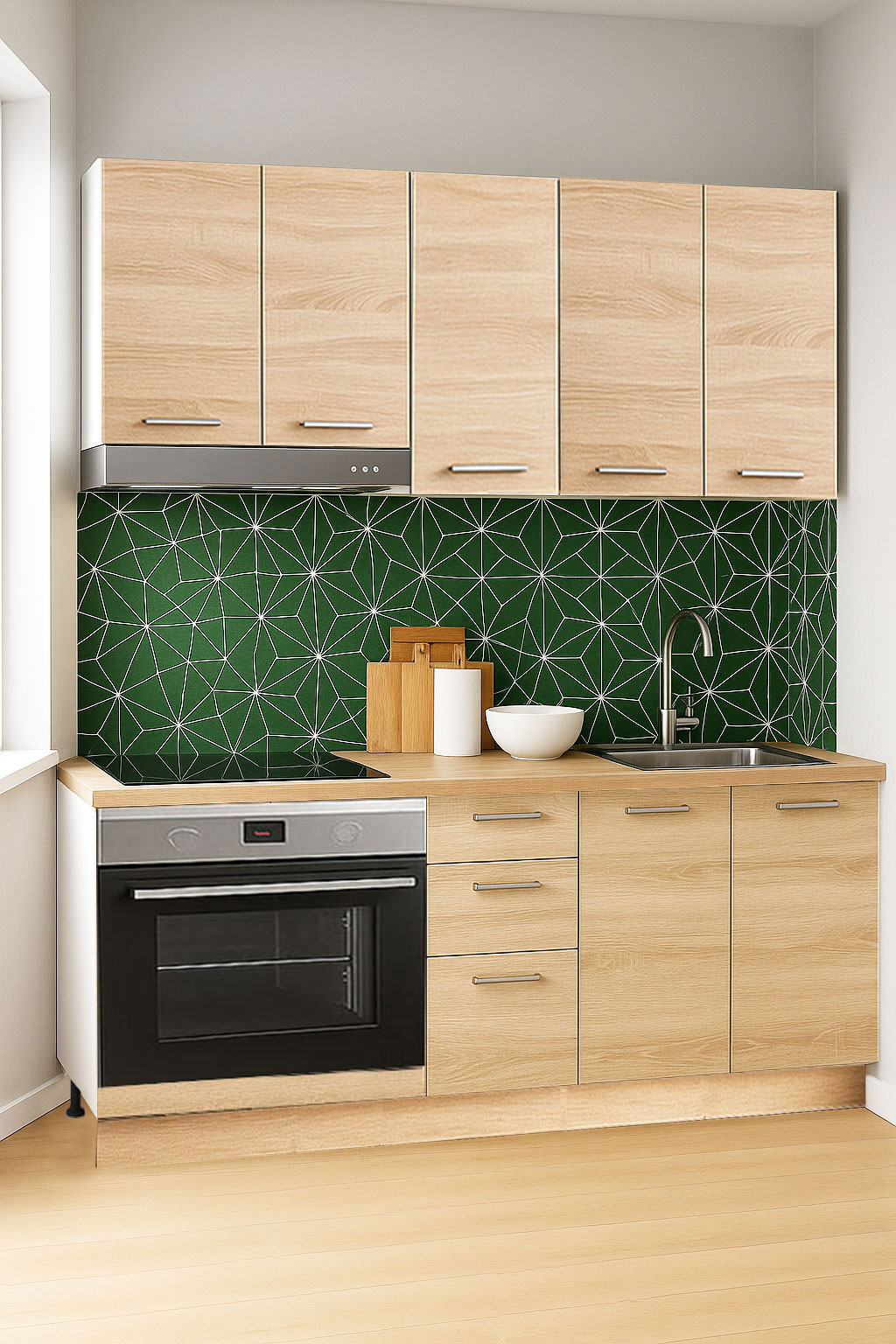 Mobilier de Bucătărie Set cu soft-close, Germania, corpuri inalte, blat gros, corp cuptor, 160cm, Sonoma