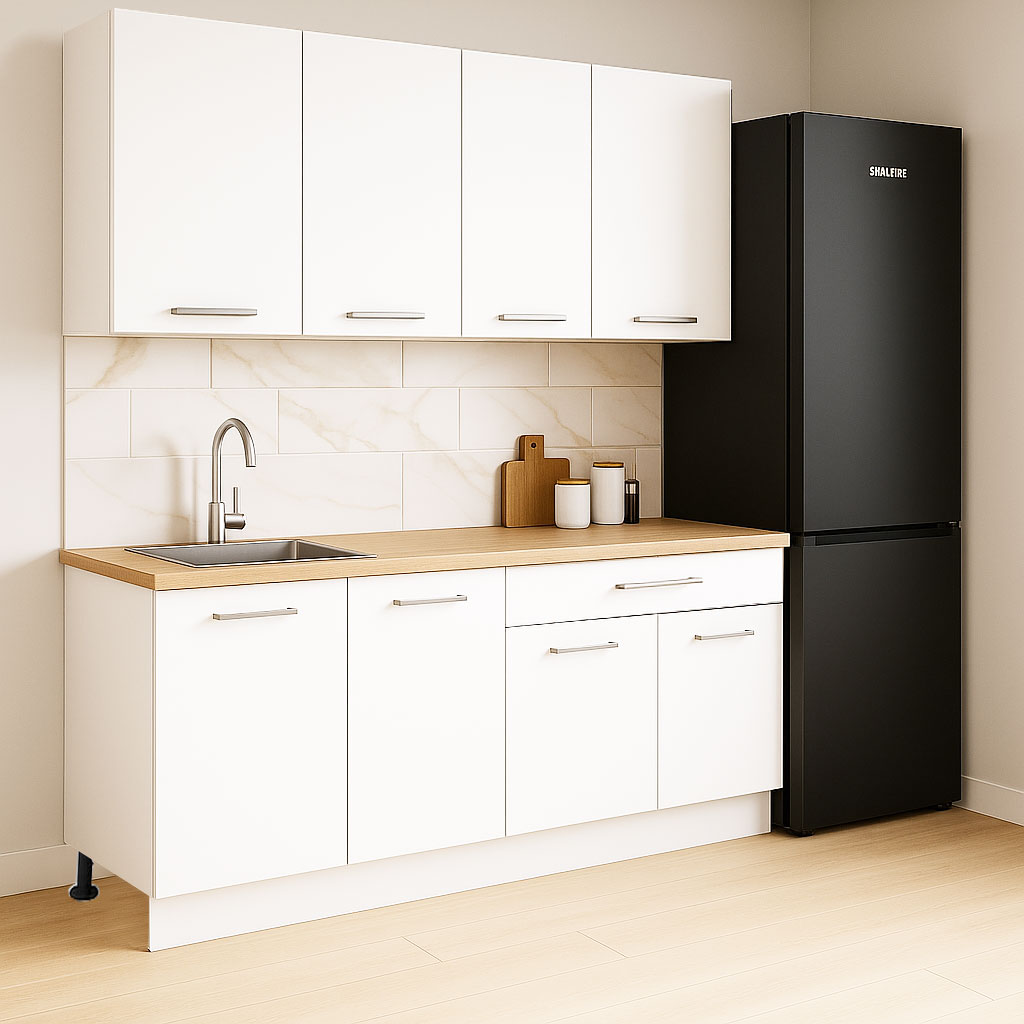 Mobilier de Bucătărie Set cu soft-close, Germania, corpuri inalte, blat gros, corp cu sertar, 160cm, Alb