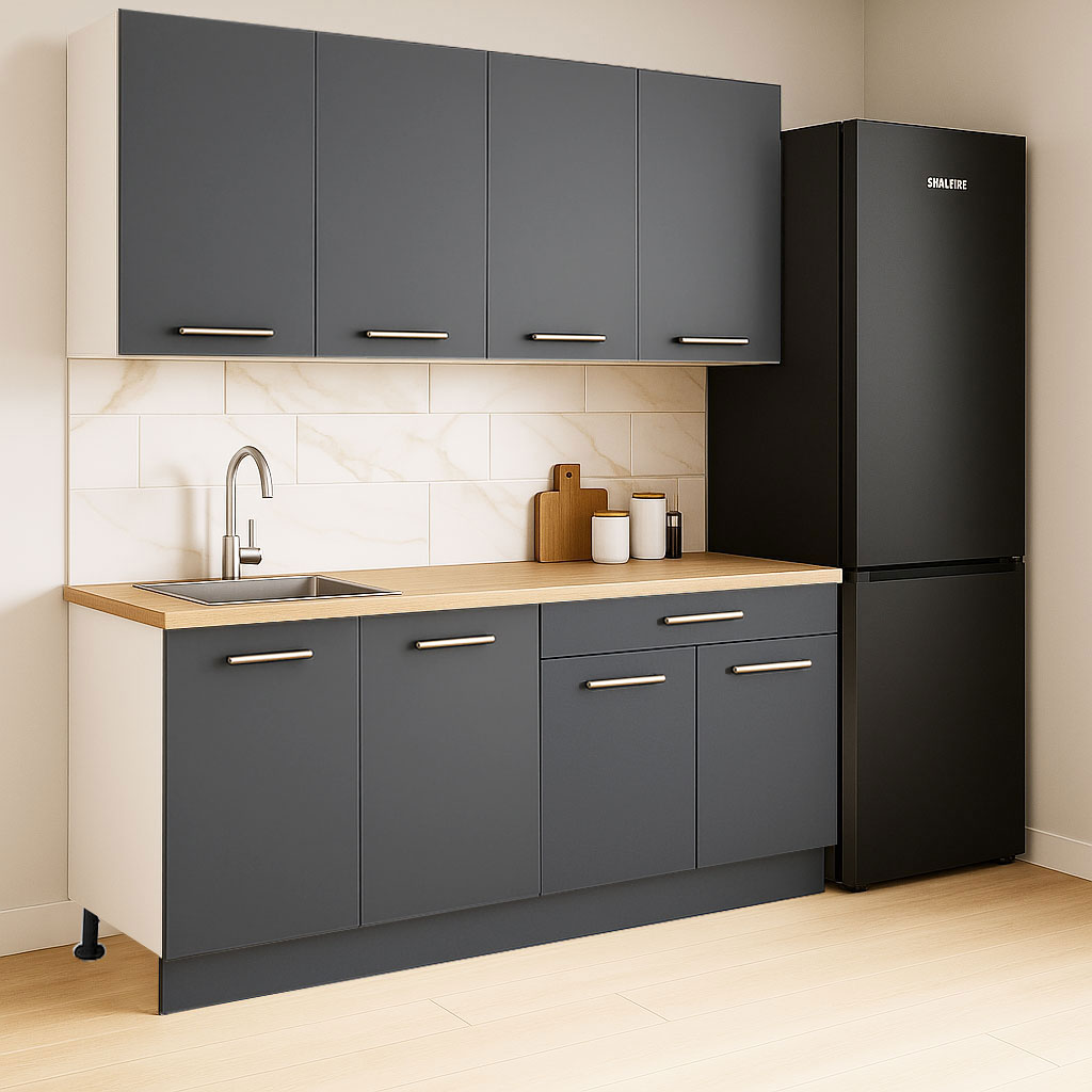 Mobilier de Bucătărie Set cu soft-close, Germania, corpuri inalte, blat gros, corp cu sertar, 160cm, Antracit