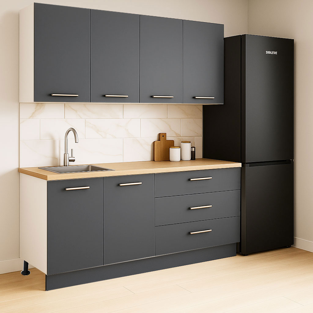 Mobilier de Bucătărie Set cu soft-close, Germania, corpuri inalte, blat gros, corp cu 3 sertare, 160cm, Antracit