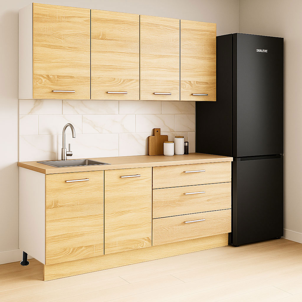 Mobilier de Bucătărie Set cu soft-close, Germania, corpuri inalte, blat gros, corp cu 3 sertare, 160cm, Sonoma