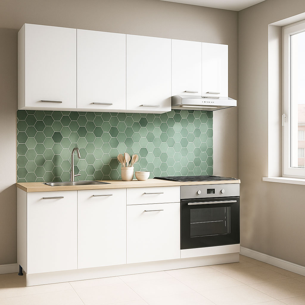 Mobilier de Bucătărie Set cu soft-close, Germania, corpuri inalte, blat gros, corp cuptor, 180cm, Alb