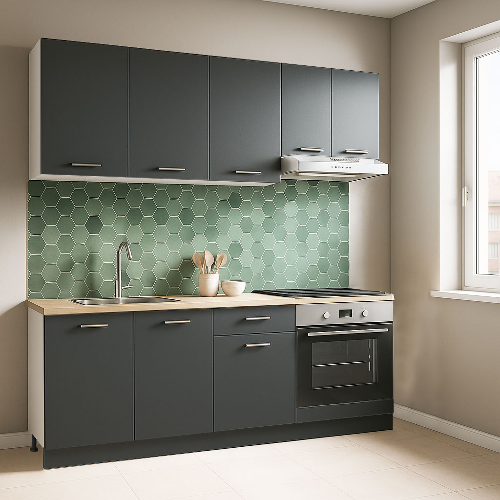 Mobilier de Bucătărie Set cu soft-close, Germania, corpuri inalte, blat gros, corp cuptor, 180cm, Antracit