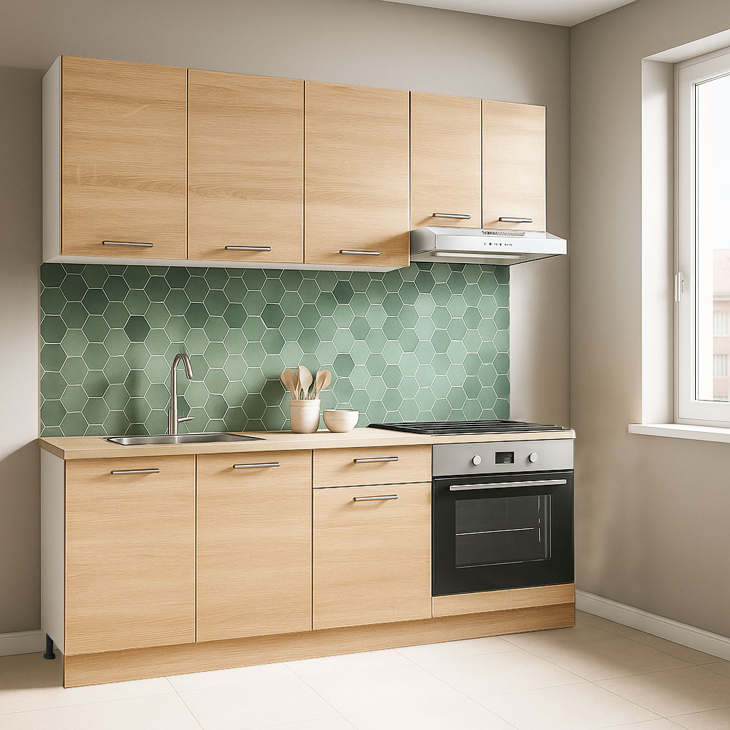 Mobilier de Bucătărie Set cu soft-close, Germania, corpuri inalte, blat gros, corp cuptor, 180cm, Sonoma