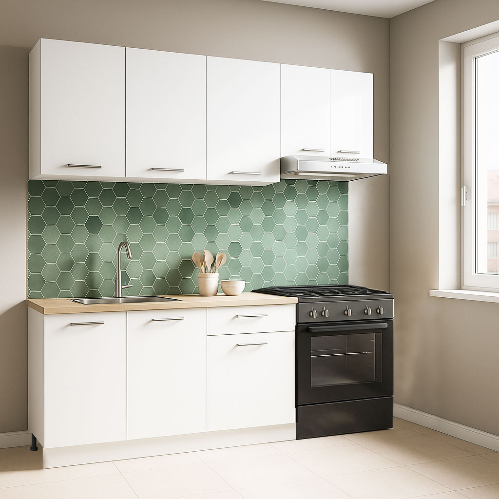 Mobilier de Bucătărie Set cu soft-close, Germania, corpuri inalte, blat gros, 180cm, Alb