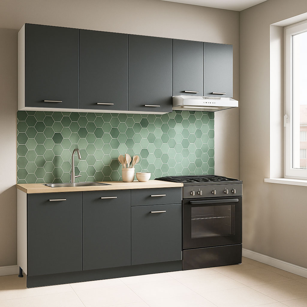 Mobilier de Bucătărie Set cu soft-close, Germania, corpuri inalte, blat gros, 180cm, Antracit