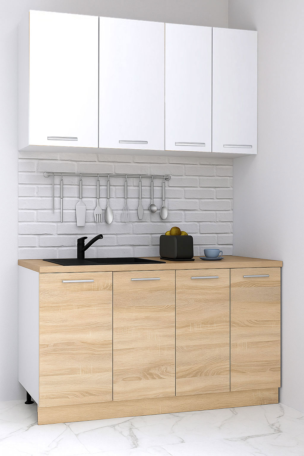 Mobilier de Bucătărie Set cu soft-close, Germania, corpuri inalte, blat gros, 140cm, Sonoma/Alb