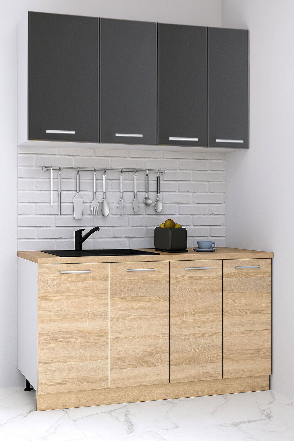 Mobilier de Bucătărie Set cu soft-close, Germania, corpuri inalte, blat gros, 140cm, Sonoma/Antracit