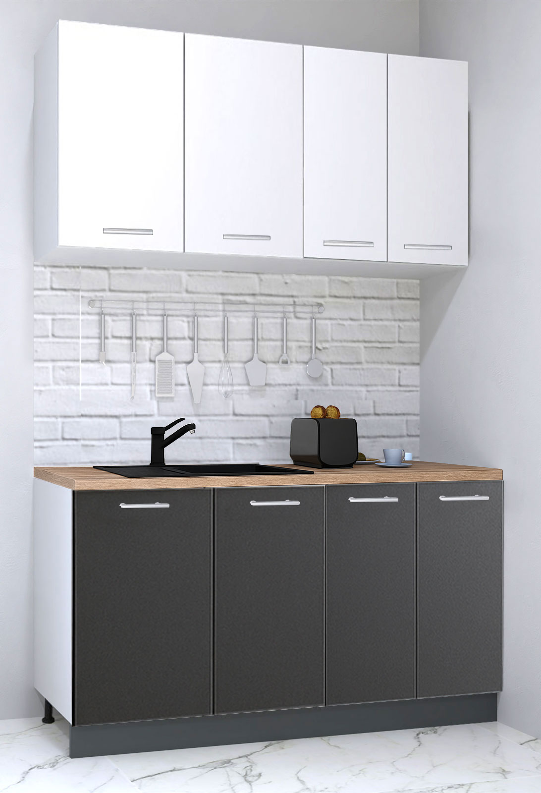 Mobilier de Bucătărie Set cu soft-close, Germania, corpuri inalte, blat gros, 140cm, Antracit/Alb