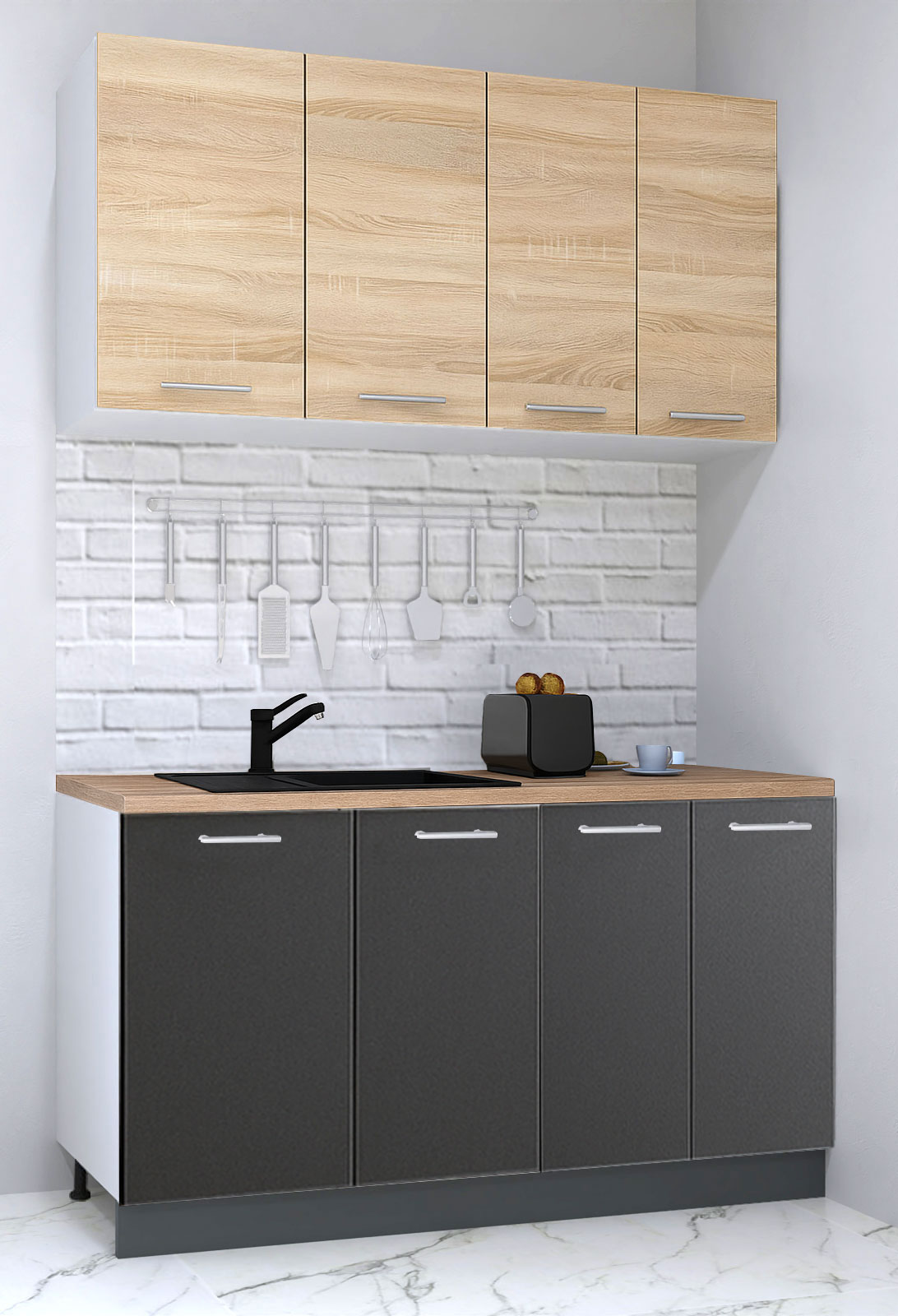 Mobilier de Bucătărie Set cu soft-close, Germania, corpuri inalte, blat gros, 140cm, Antracit/Sonoma