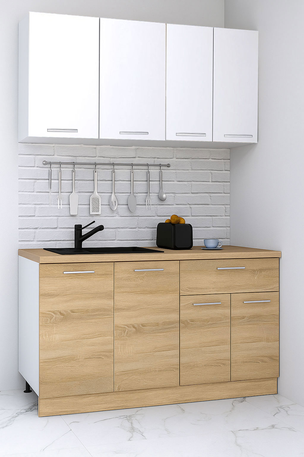 Mobilier de Bucătărie Set cu soft-close, Germania, corpuri inalte, blat gros, corp cu sertar, 140cm, Sonoma/Alb