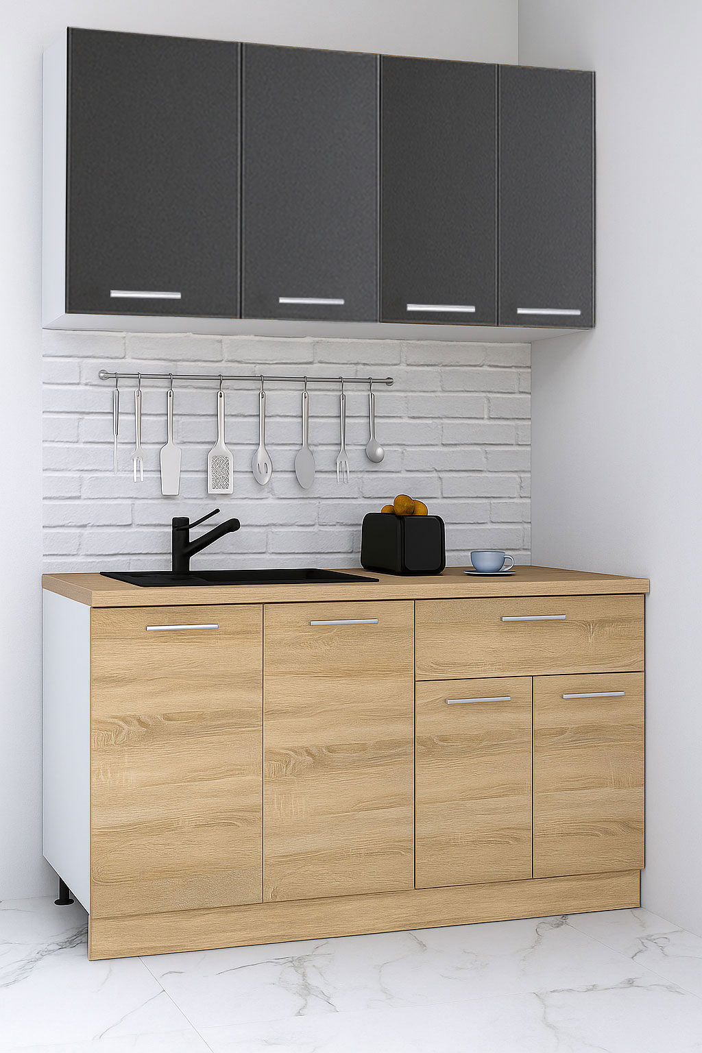 Mobilier de Bucătărie Set cu soft-close, Germania, corpuri inalte, blat gros, corp cu sertar, 140cm, Sonoma/Antracit