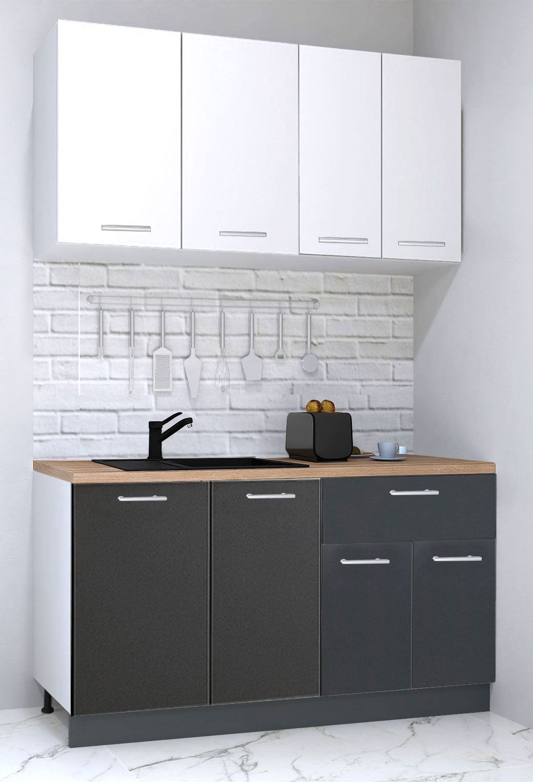 Mobilier de Bucătărie Set cu soft-close, Germania, corpuri inalte, blat gros, corp cu sertar, 140cm, Antracit/Alb