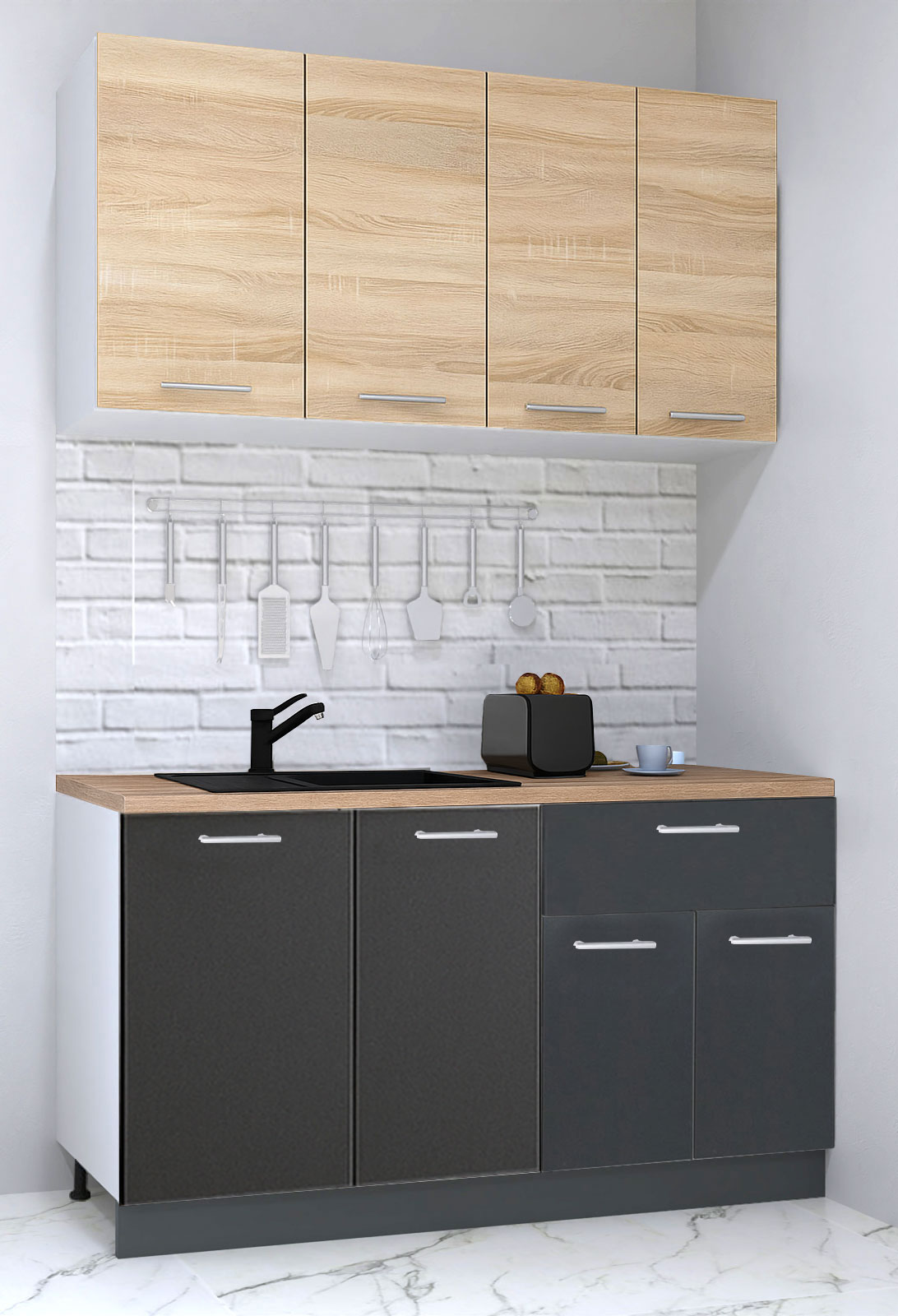 Mobilier de Bucătărie Set cu soft-close, Germania, corpuri inalte, blat gros, corp cu sertar, 140cm, Antracit/Sonoma