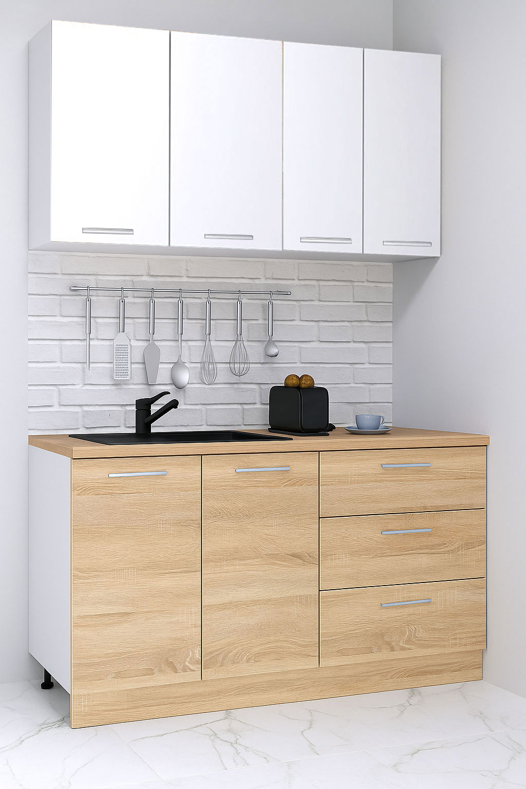 Mobilier de Bucătărie Set cu soft-close, Germania, corpuri inalte, blat gros, corp cu 3 sertare, 140cm, Sonoma/Alb