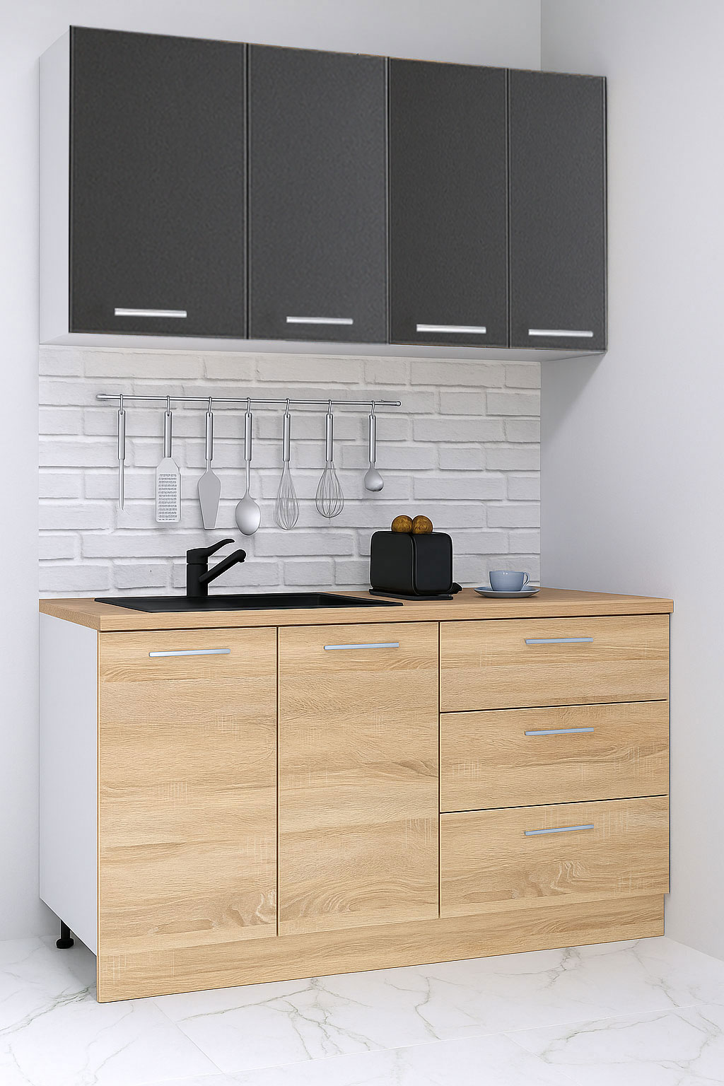 Mobilier de Bucătărie Set cu soft-close, Germania, corpuri inalte, blat gros, corp cu 3 sertare, 140cm, Sonoma/Antracit