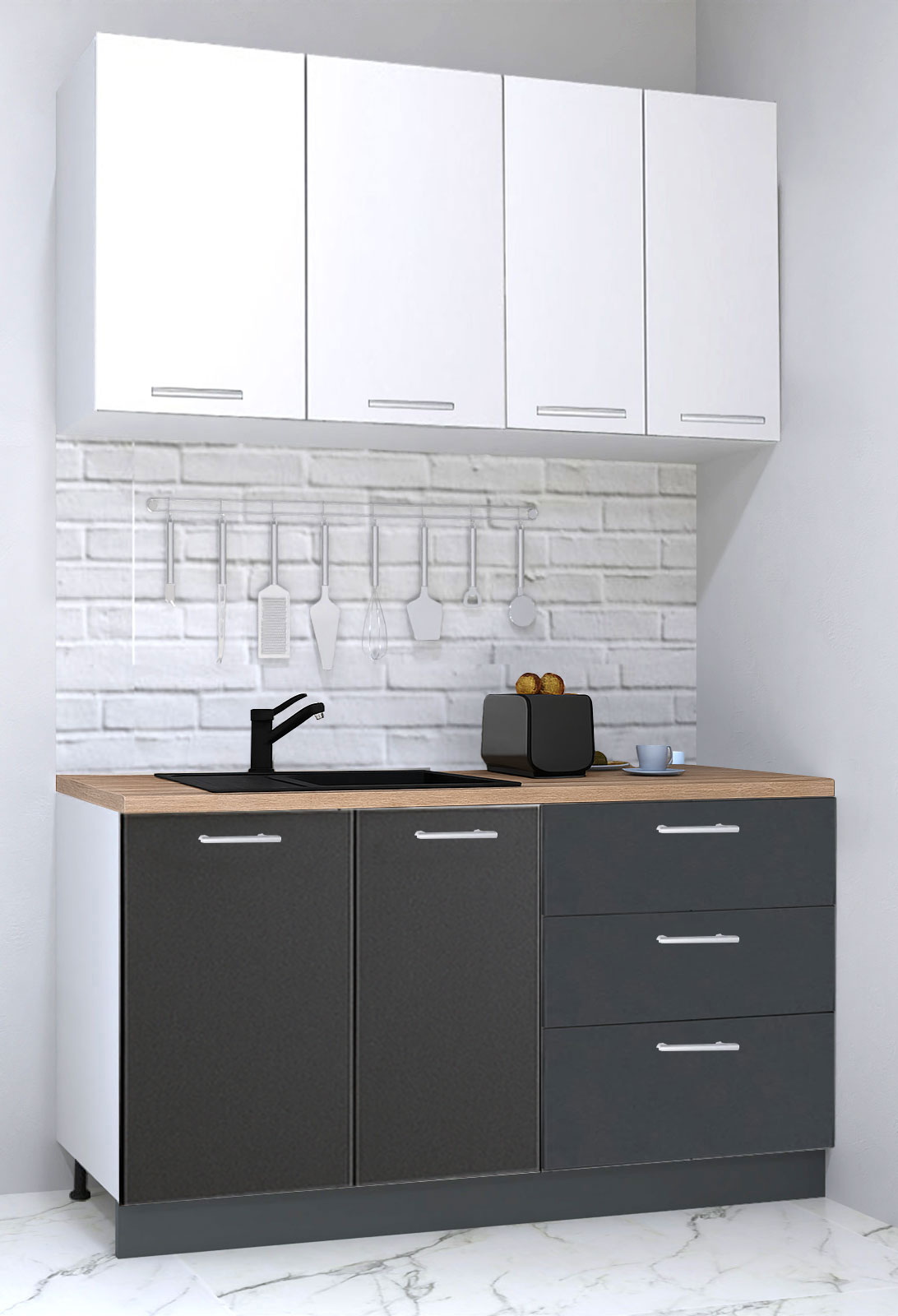 Mobilier de Bucătărie Set cu soft-close, Germania, corpuri inalte, blat gros, corp cu 3 sertare, 140cm, Antracit/Alb