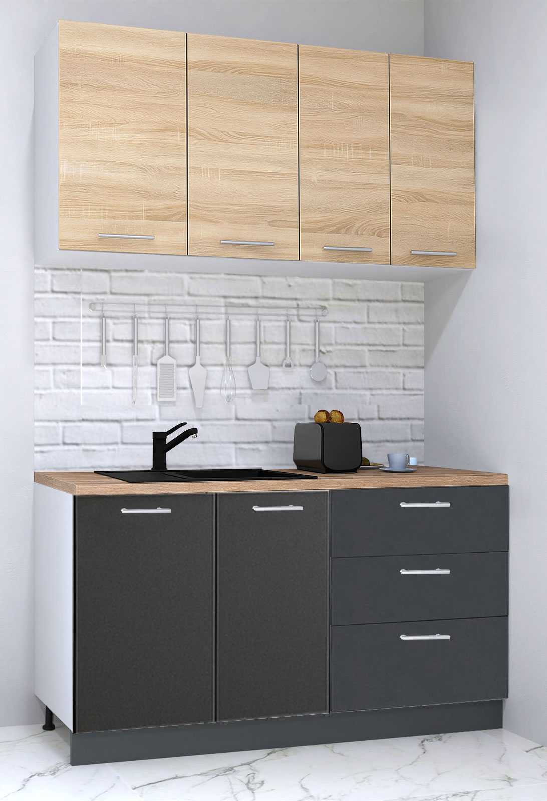 Mobilier de Bucătărie Set cu soft-close, Germania, corpuri inalte, blat gros, corp cu 3 sertare, 140cm, Antracit/Sonoma