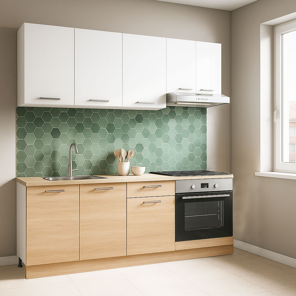 Mobilier de Bucătărie Set cu soft-close, Germania, corpuri inalte, blat gros, corp cuptor, 180cm, Sonoma/Alb