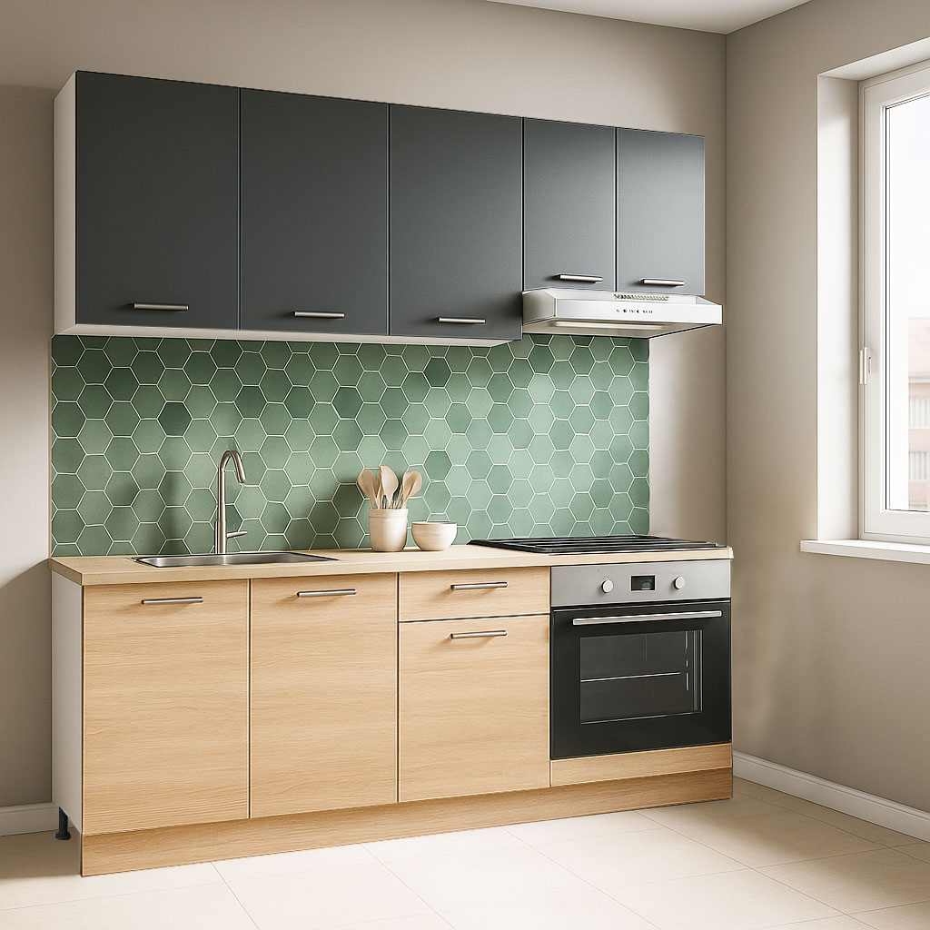 Mobilier de Bucătărie Set cu soft-close, Germania, corpuri inalte, blat gros, corp cuptor, 180cm, Sonoma/Antracit