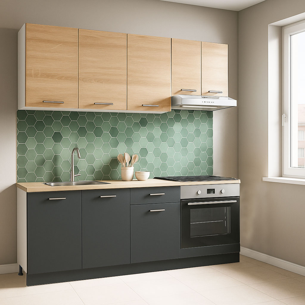 Mobilier de Bucătărie Set cu soft-close, Germania, corpuri inalte, blat gros, corp cuptor, 180cm, Antracit/Sonoma