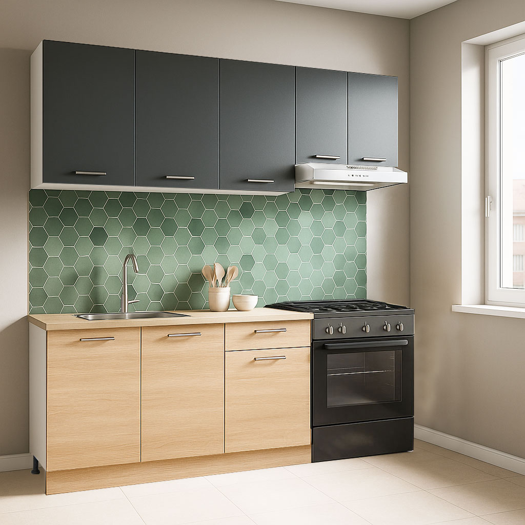 Mobilier de Bucătărie Set cu soft-close, Germania, corpuri inalte, blat gros, 180cm, Sonoma/Antracit