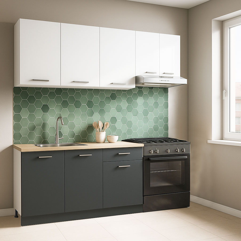 Mobilier de Bucătărie Set cu soft-close, Germania, corpuri inalte, blat gros, 180cm, Antracit/Alb