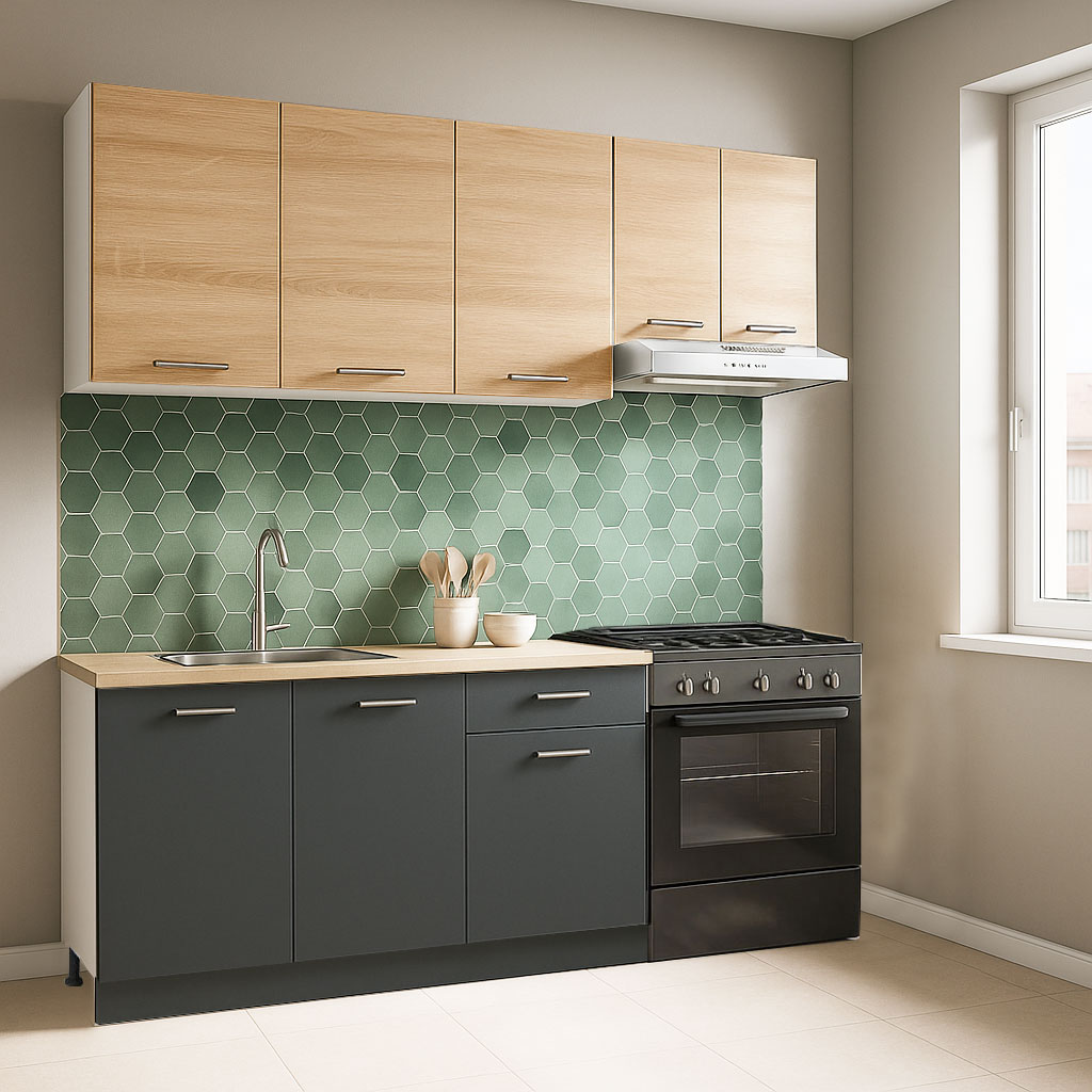 Mobilier de Bucătărie Set cu soft-close, Germania, corpuri inalte, blat gros, 180cm, Antracit/Sonoma